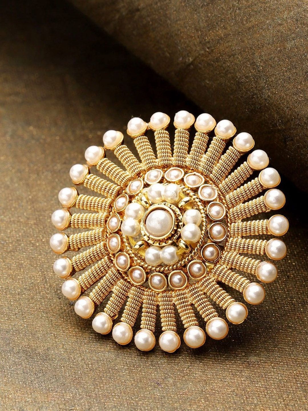 Priyaasi Gold-Plated & White Pearls Studded Adjustable Ring Price in India