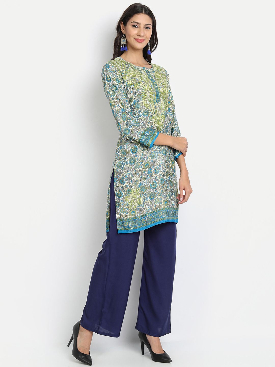 HOUSE OF KARI Green & Navy Blue Printed Tunic Price in India