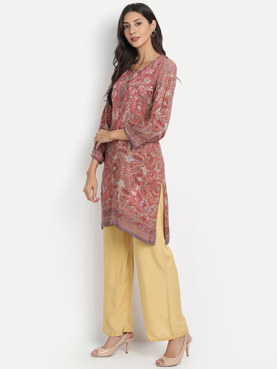 HOUSE OF KARI Peach-Coloured & Grey Printed Tunic With Embroidered Detail Price in India