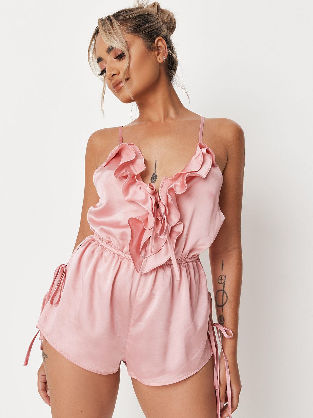 Missguided Women Pink Solid Ruffles Jumpsuit Price in India