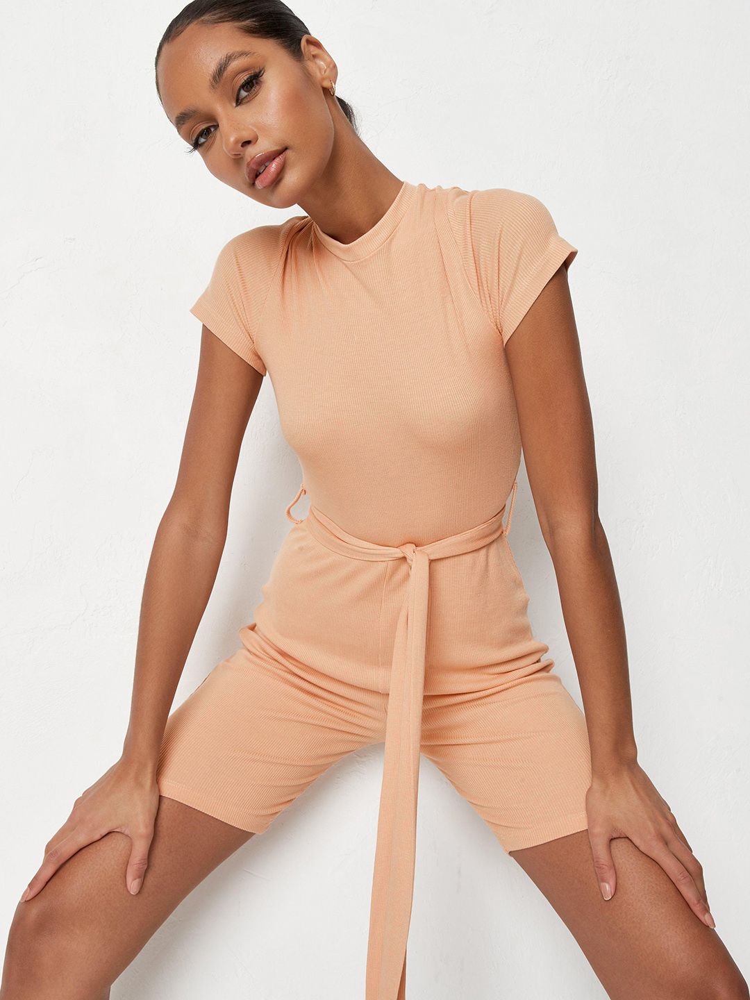 Missguided Women Peach-Coloured Ribbed Playsuit Price in India