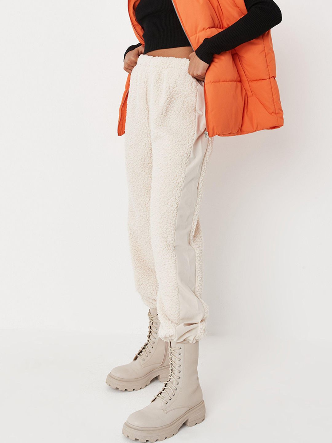 Missguided Women Off-White Solid Sherpa Joggers Price in India