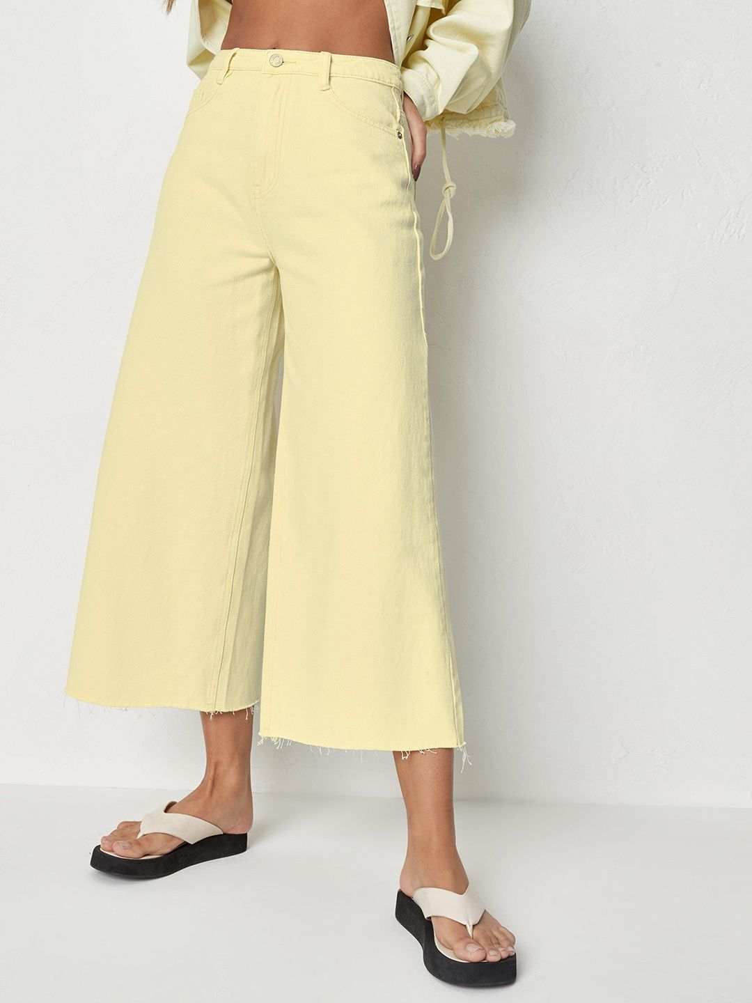 Missguided Women Lemon Yellow Wide Leg Cropped Jeans Price in India