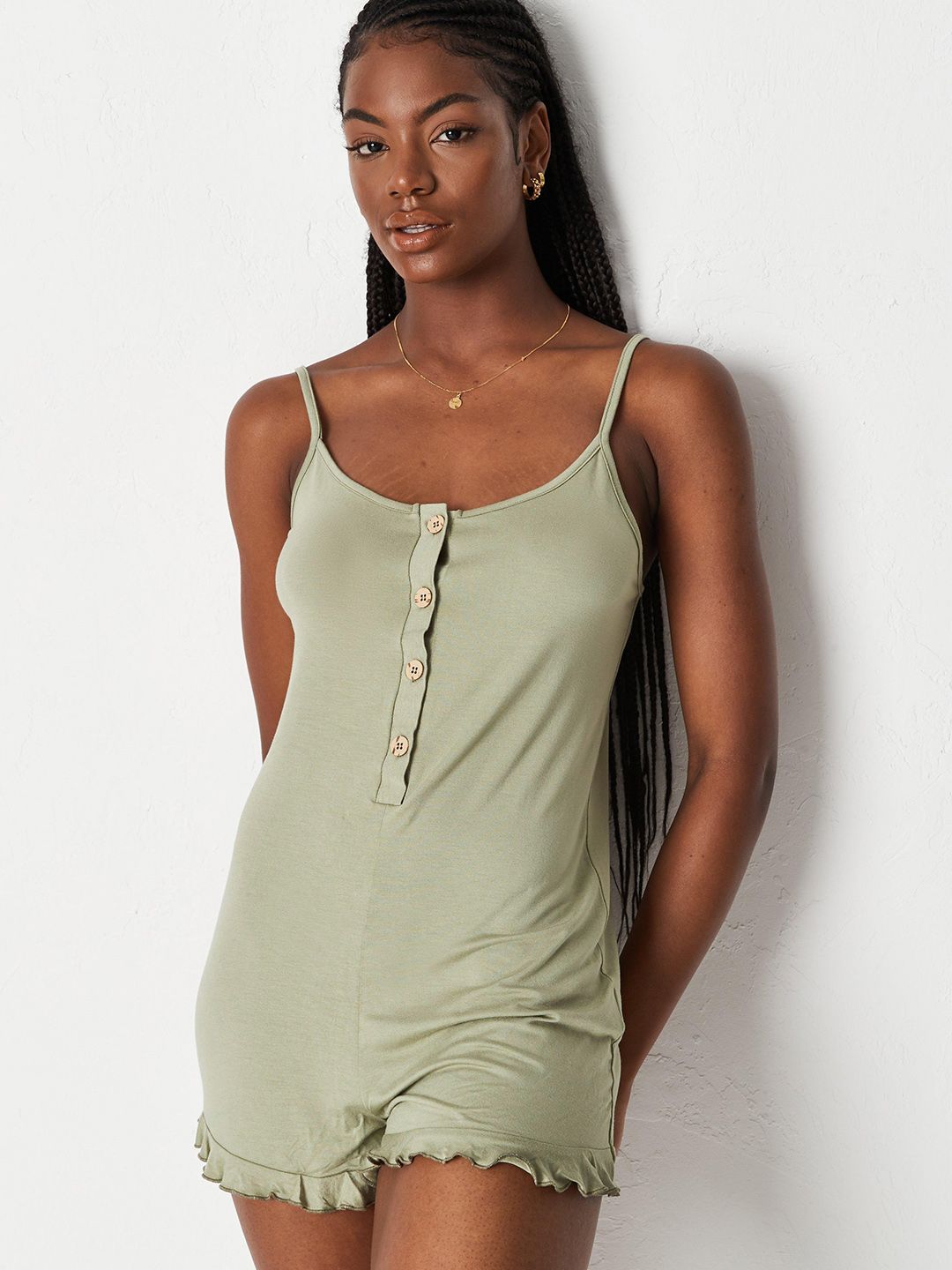 Missguided Women Olive Green Solid Playsuit with Ruffle Detail Price in India