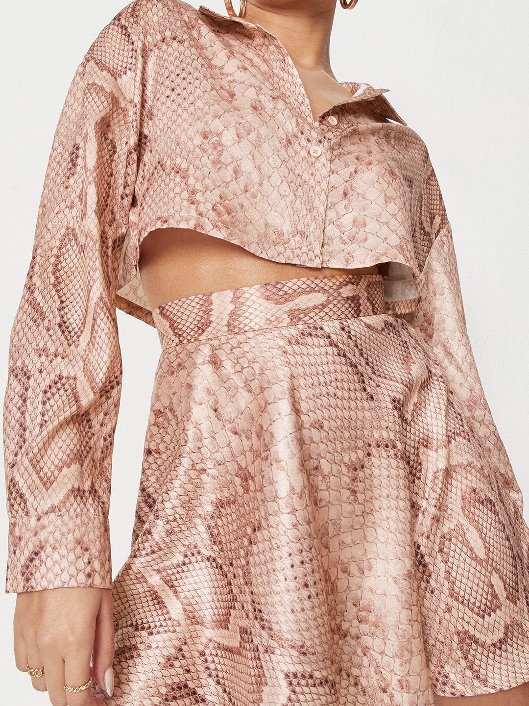 Missguided Women Beige & Brown Snakeskin Print Cropped Satin Finish Beach Cover-Up Shirt Price in India