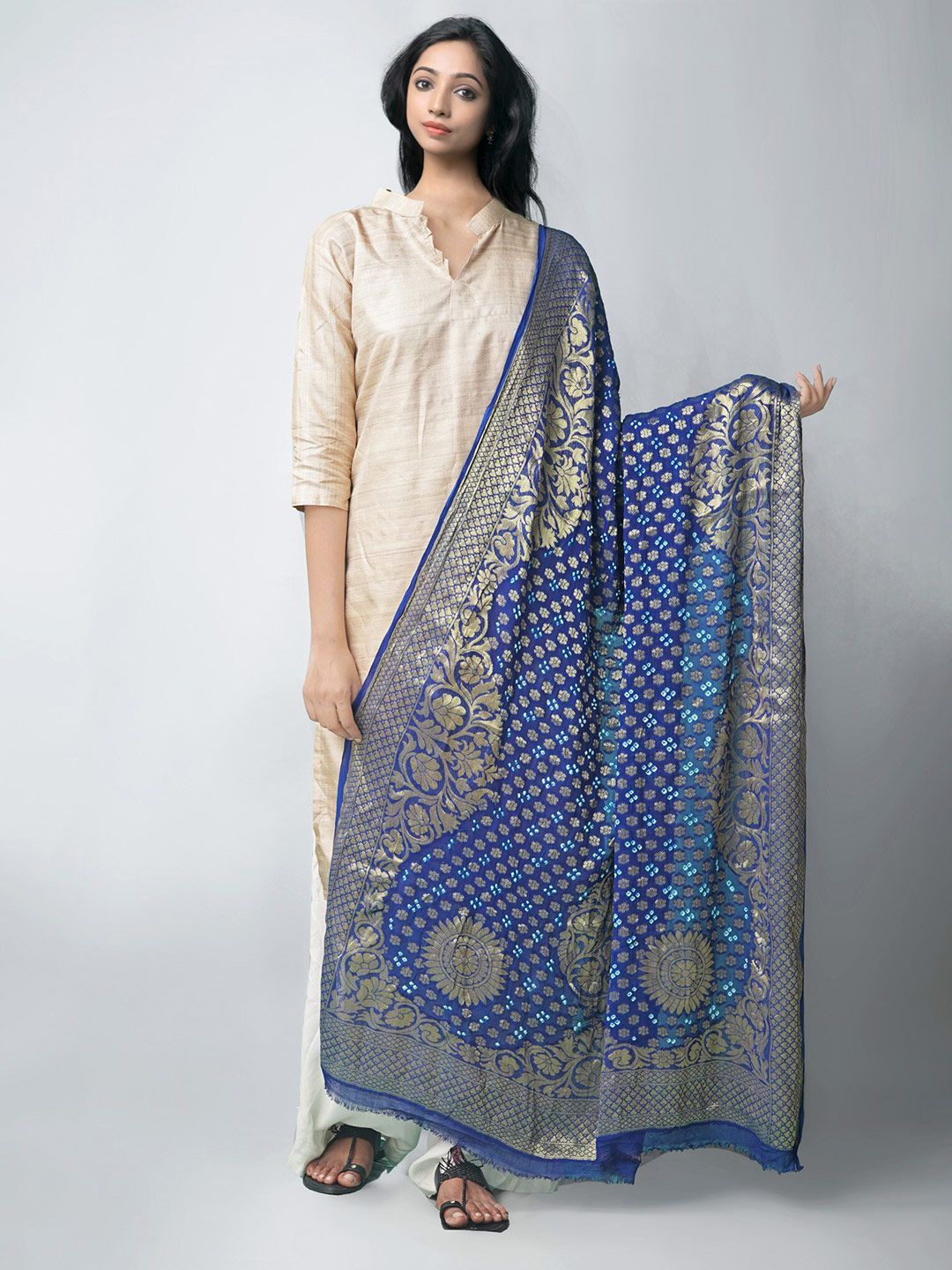 Unnati Silks Blue & Gold-Toned Dyed Bandhani Dupatta with Zari Price in India