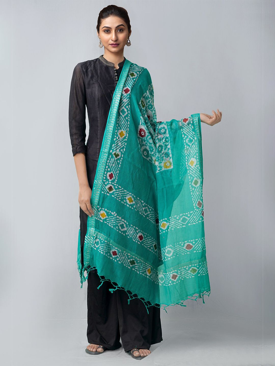 Unnati Silks Green Ethnic Motifs Dyed Pure Cotton Batik Dupatta Price in India