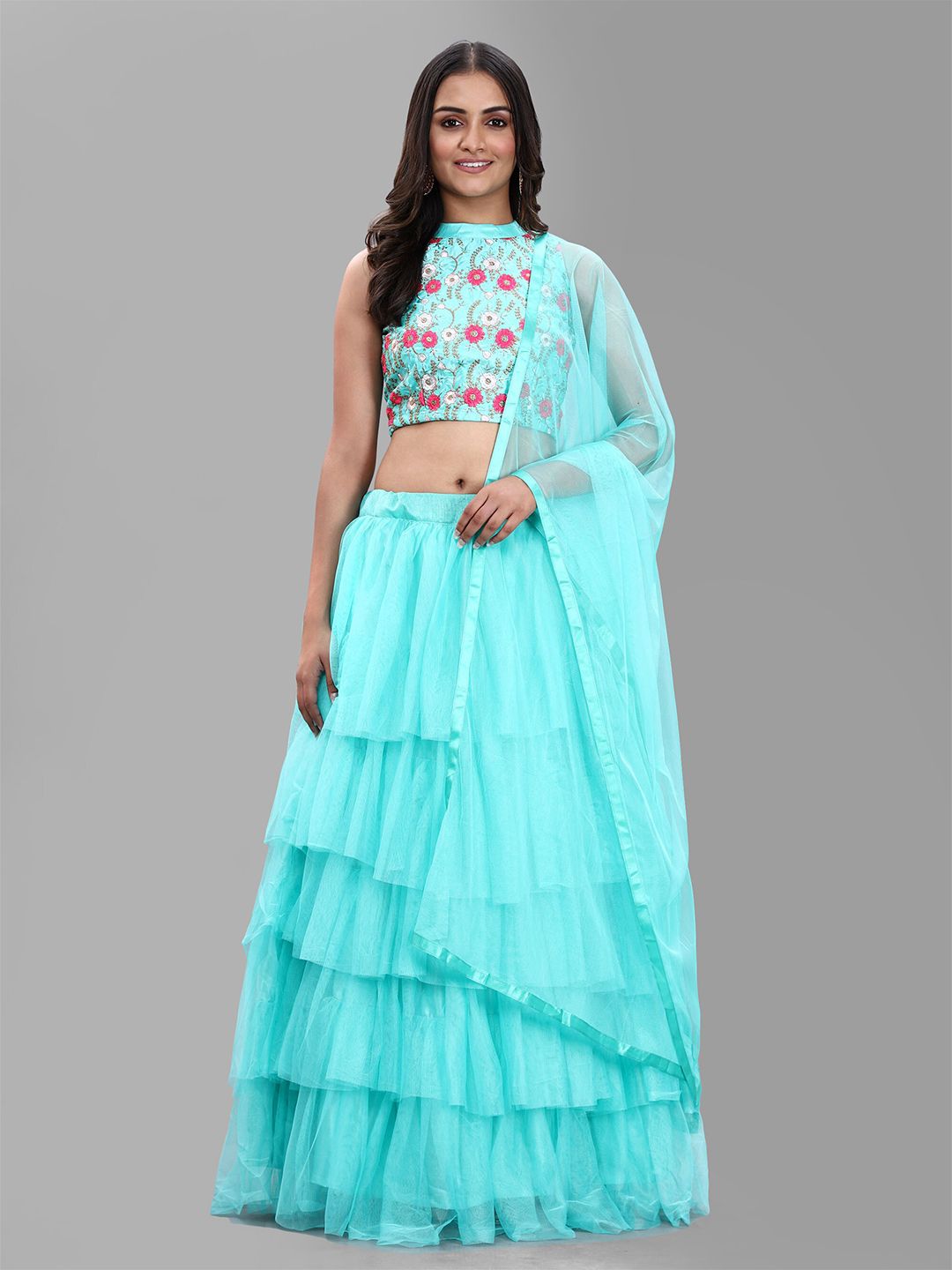DIVASTRI Blue & Pink Embroidered Semi-Stitched Lehenga & Unstitched Blouse & Net Dupatta Price in India