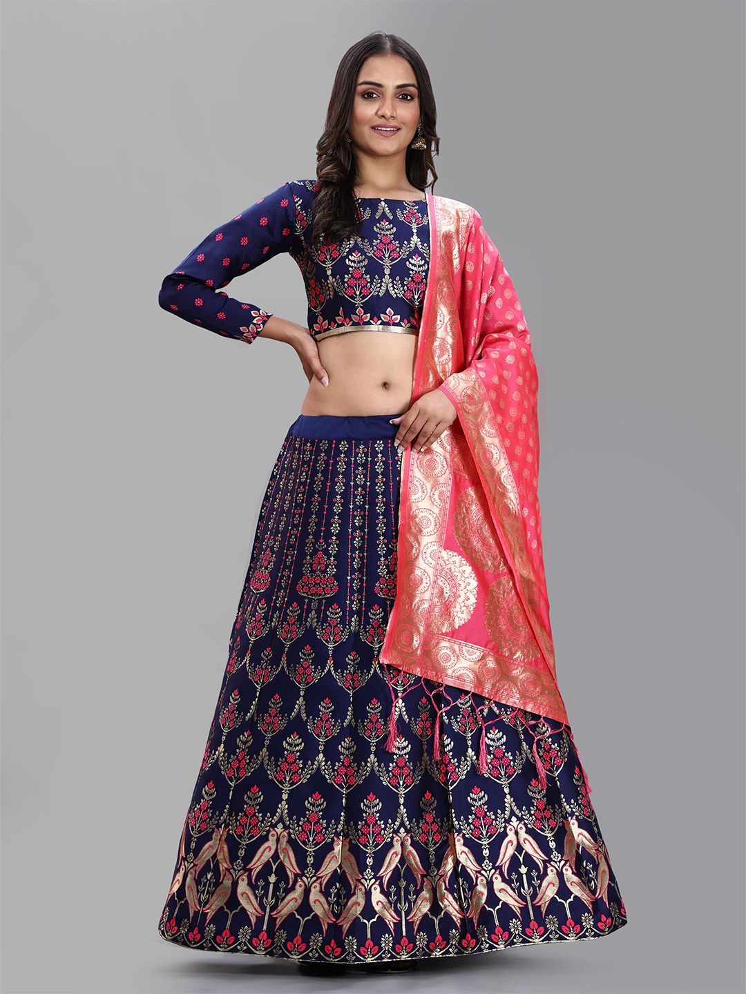 DIVASTRI Pink & Navy Blue Banarasi Semi-Stitched Lehenga & Unstitched Blouse With Dupatta Price in India