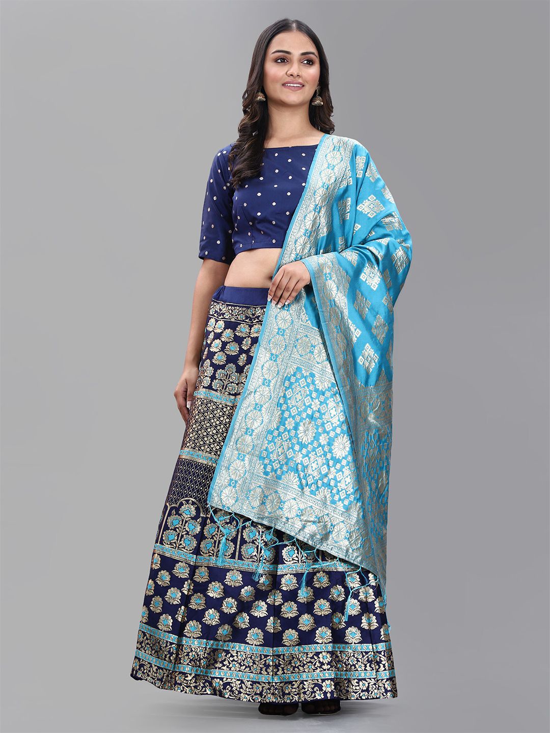 DIVASTRI Turquoise Blue & Gold Semi-Stitched Lehenga & Unstitched Blouse With Dupatta Price in India