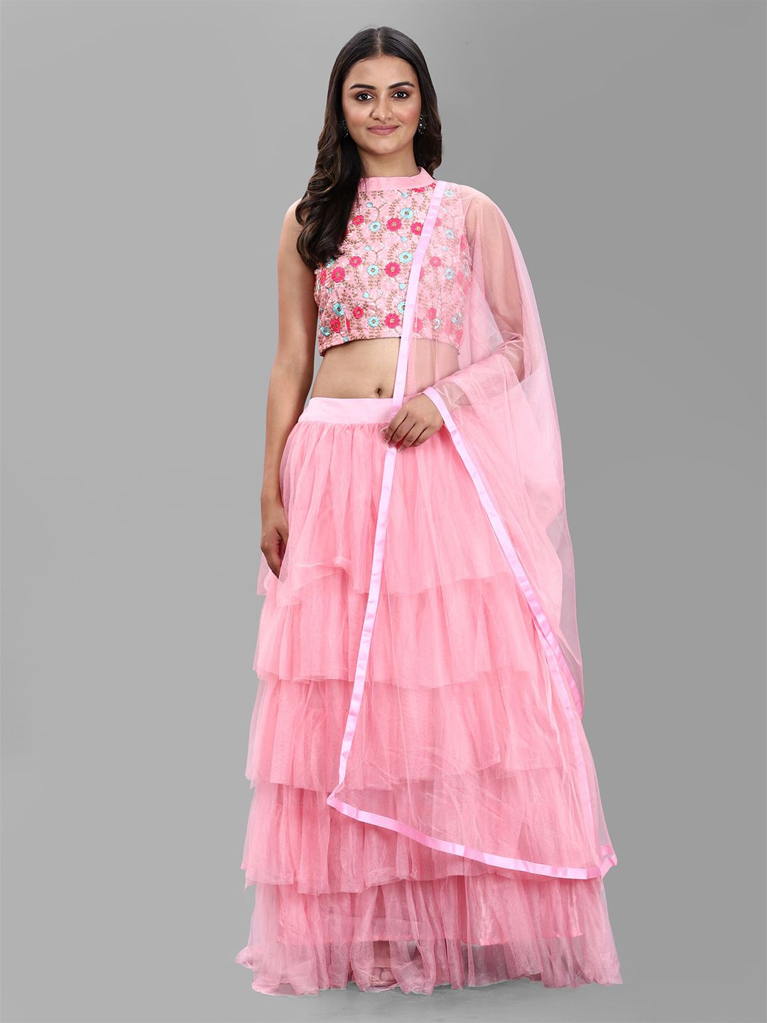 DIVASTRI Women Pink Embroidered Semi-Stitched Lehenga & Unstitched Blouse With Dupatta Price in India