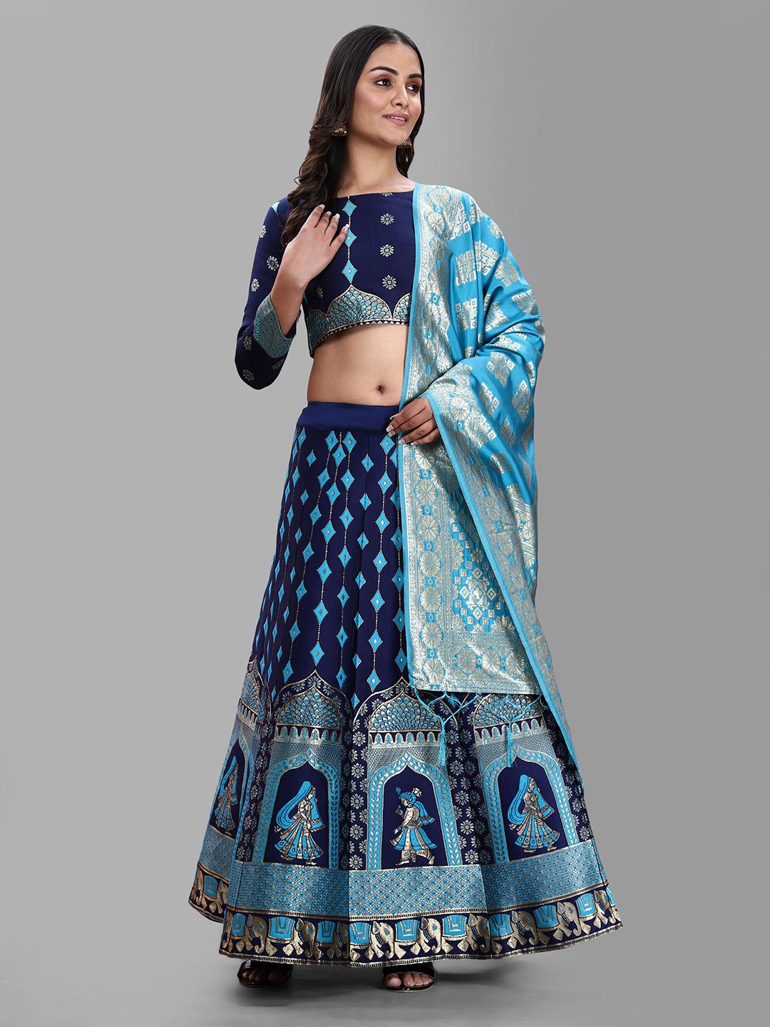 DIVASTRI Blue & Gold-Toned Semi-Stitched Lehenga & Unstitched Blouse With Dupatta Price in India