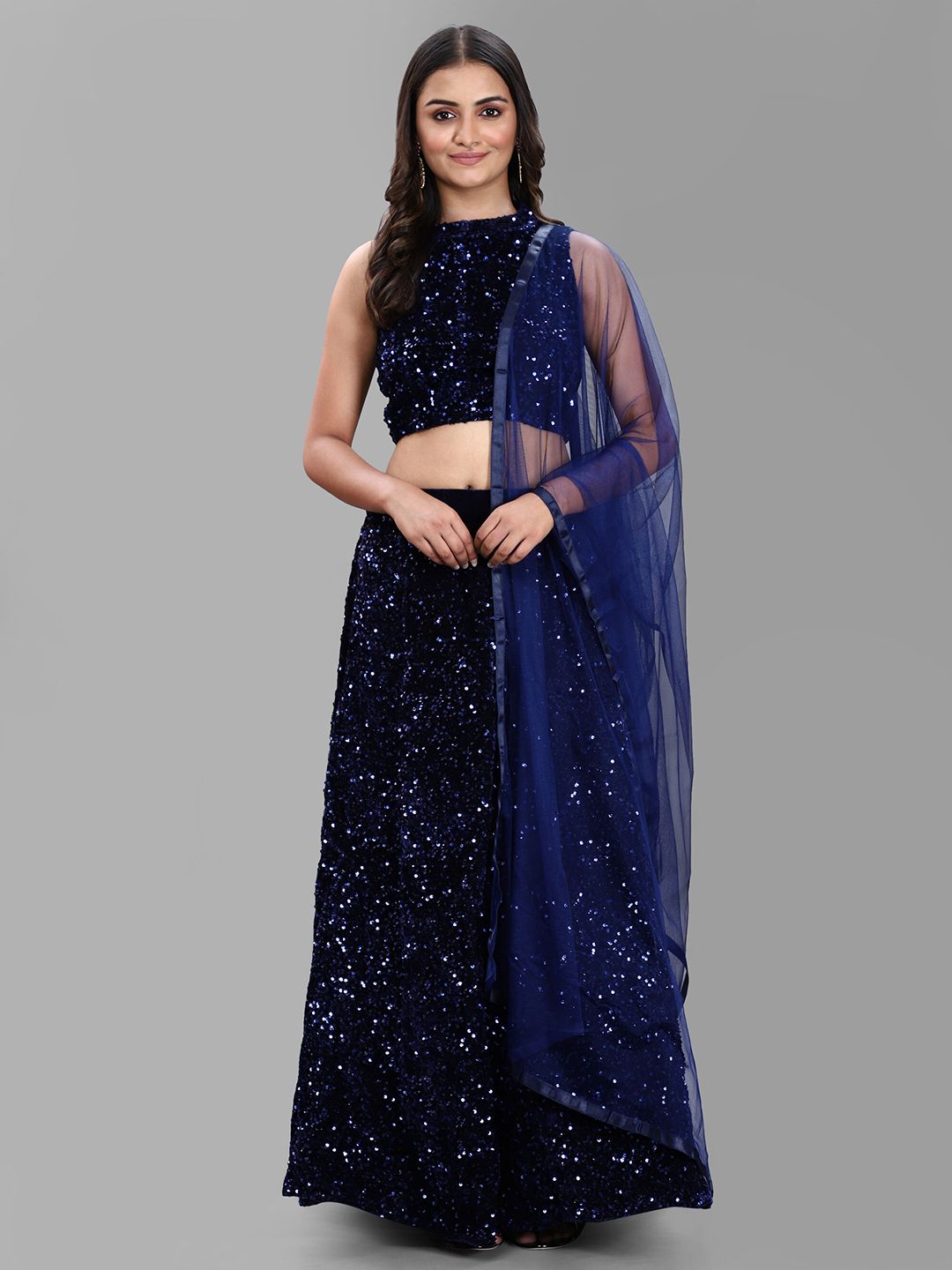 DIVASTRI Navy Blue Sequinned Semi-Stitched Lehenga & Unstitched Blouse With Net Dupatta Price in India