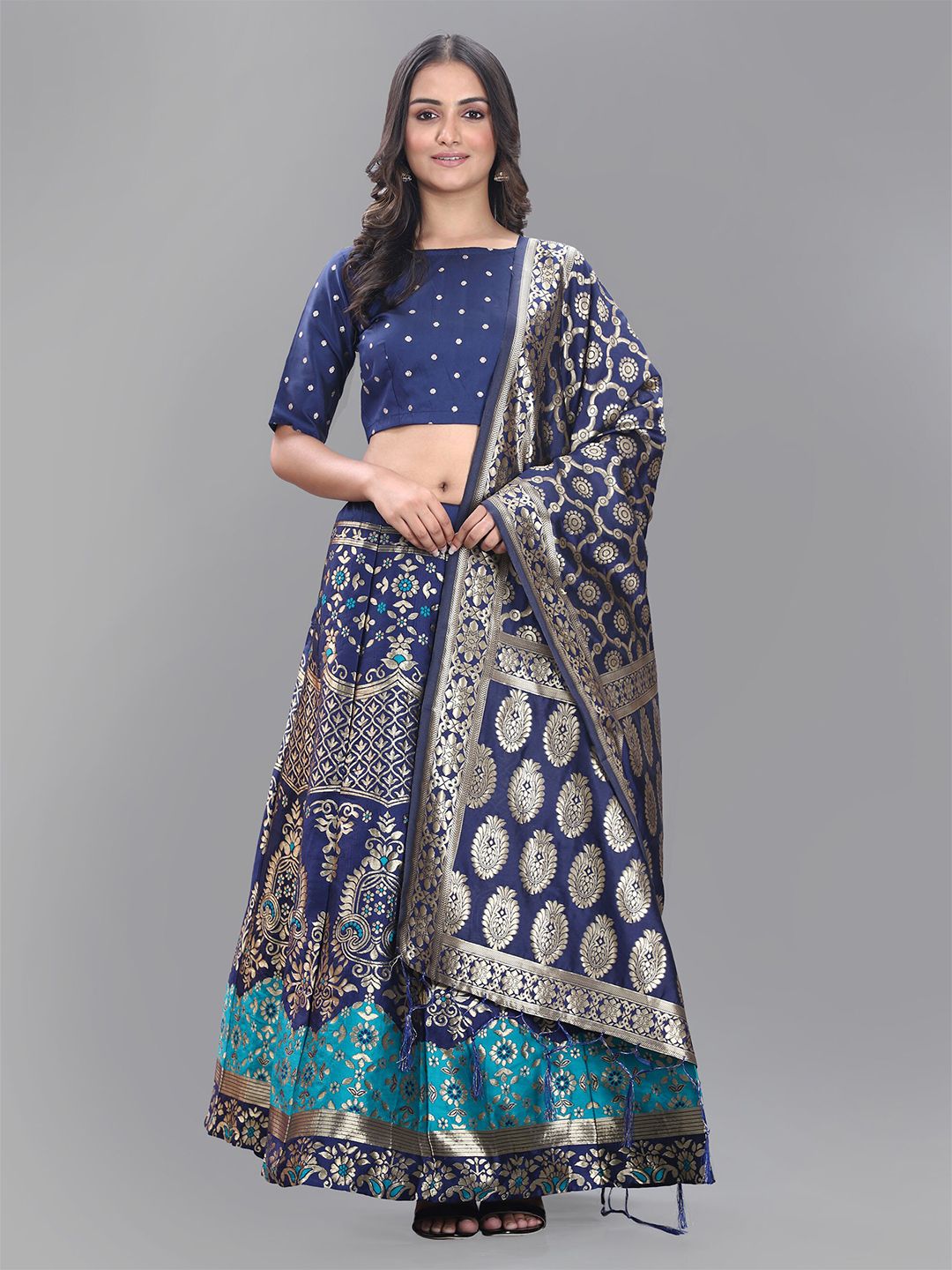 DIVASTRI Navy Blue & Green Semi-Stitched Lehenga & Unstitched Blouse With Dupatta Price in India