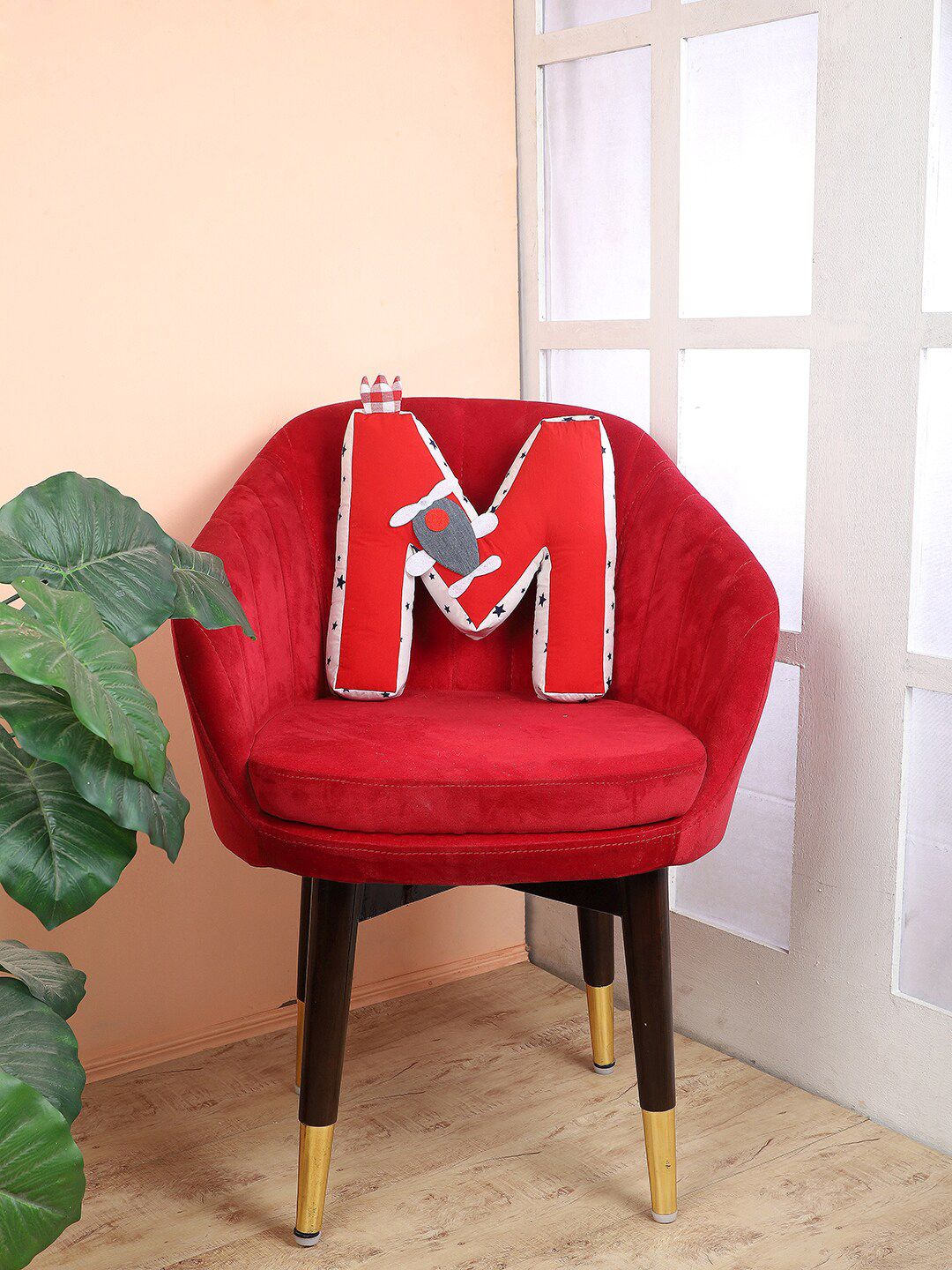 My Gift Booth Red & White Printed M-Alphabet Shaped Cotton Cushion Price in India