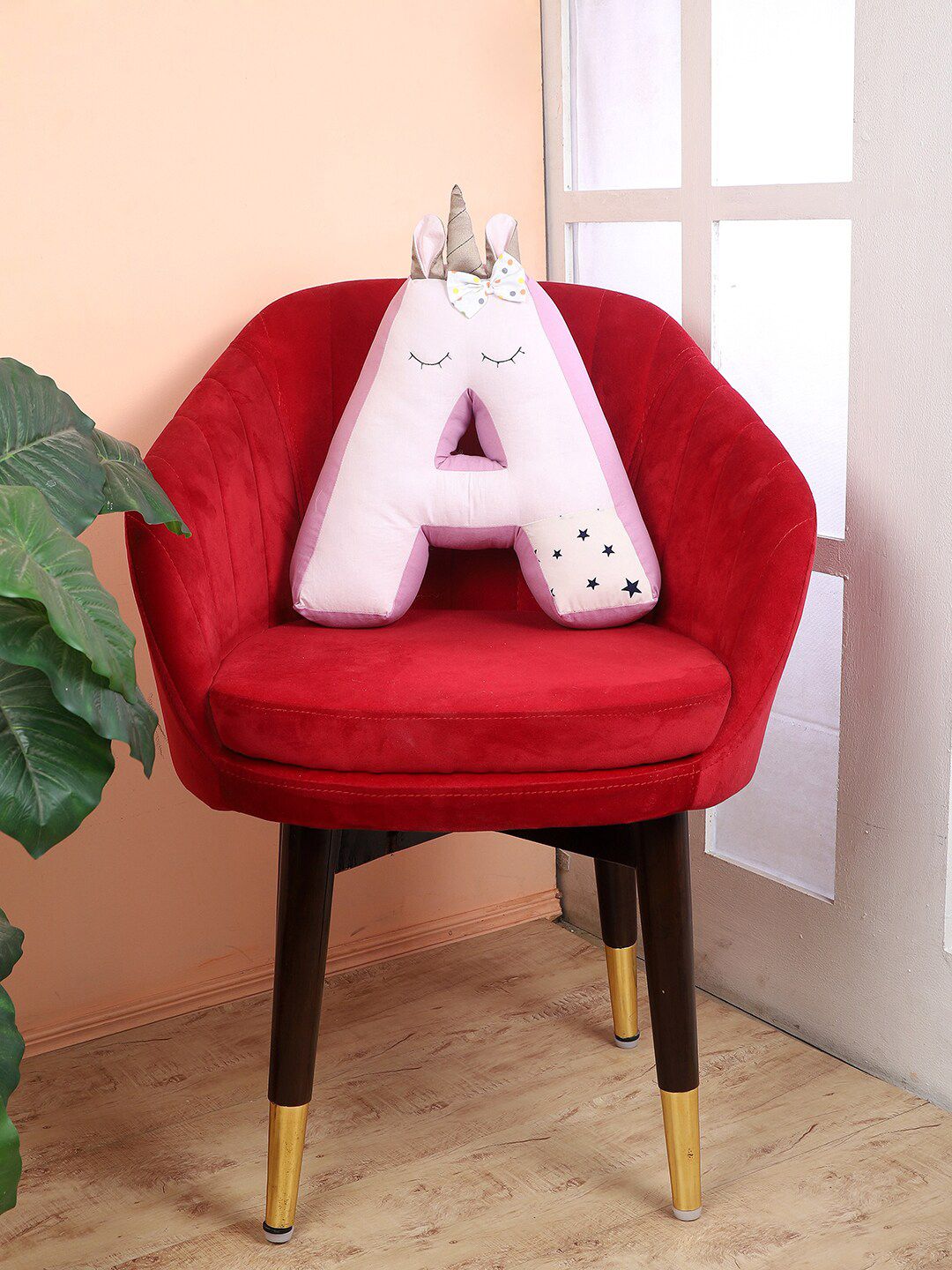 My Gift Booth Pink Printed A-Alphabet Shaped Cotton Cushion Price in India