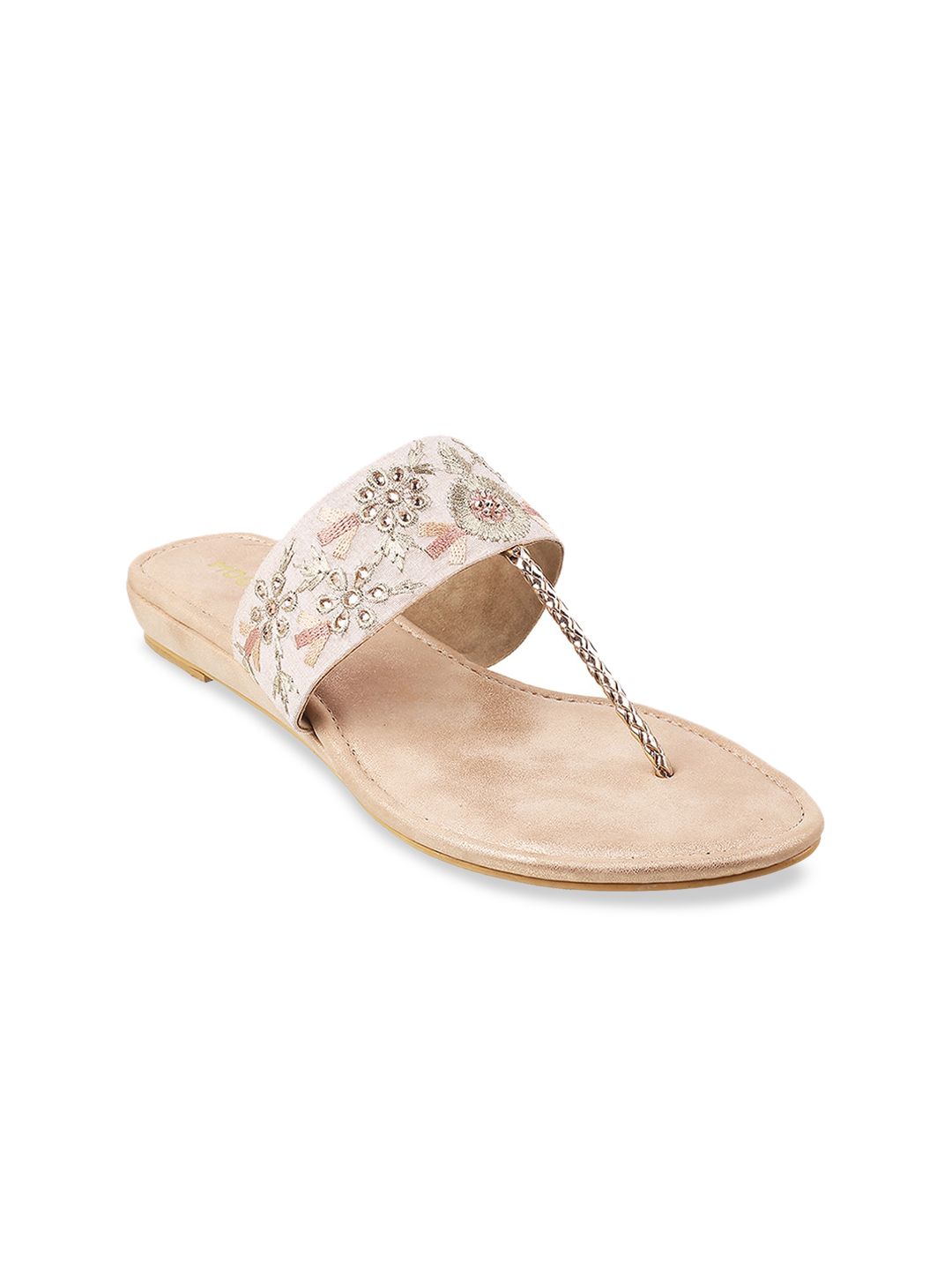 Mochi Women Gold-Toned Embellished T-Strap Flats Price in India