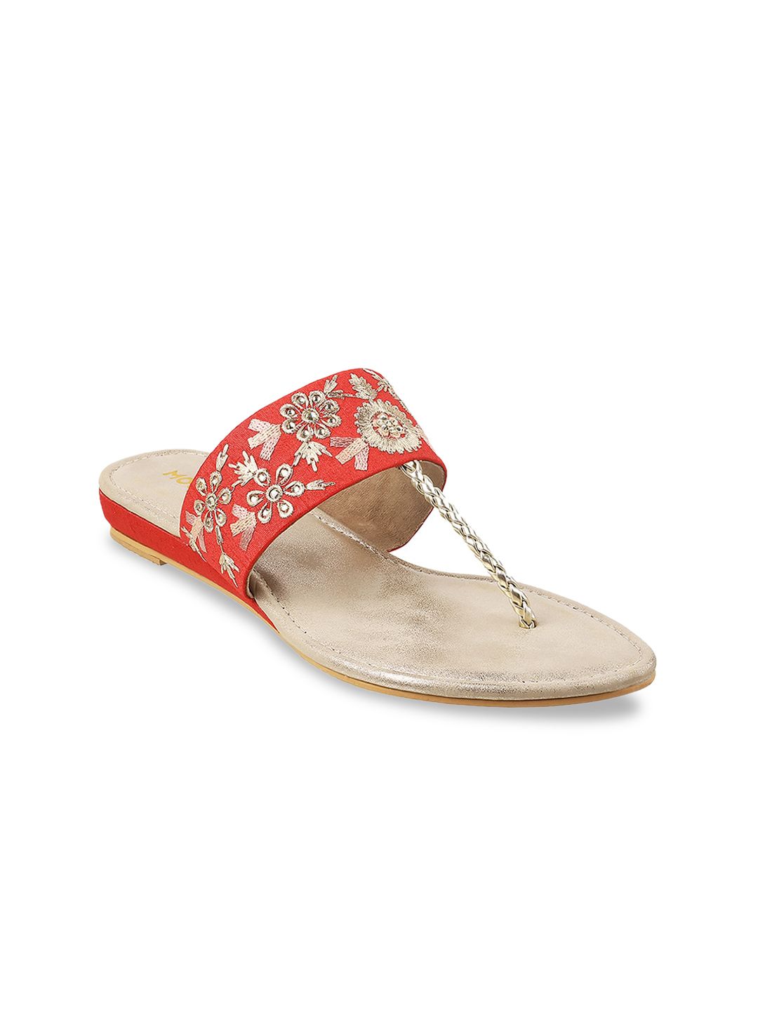 Mochi Woman Red Embellished T-Strap Flats Price in India