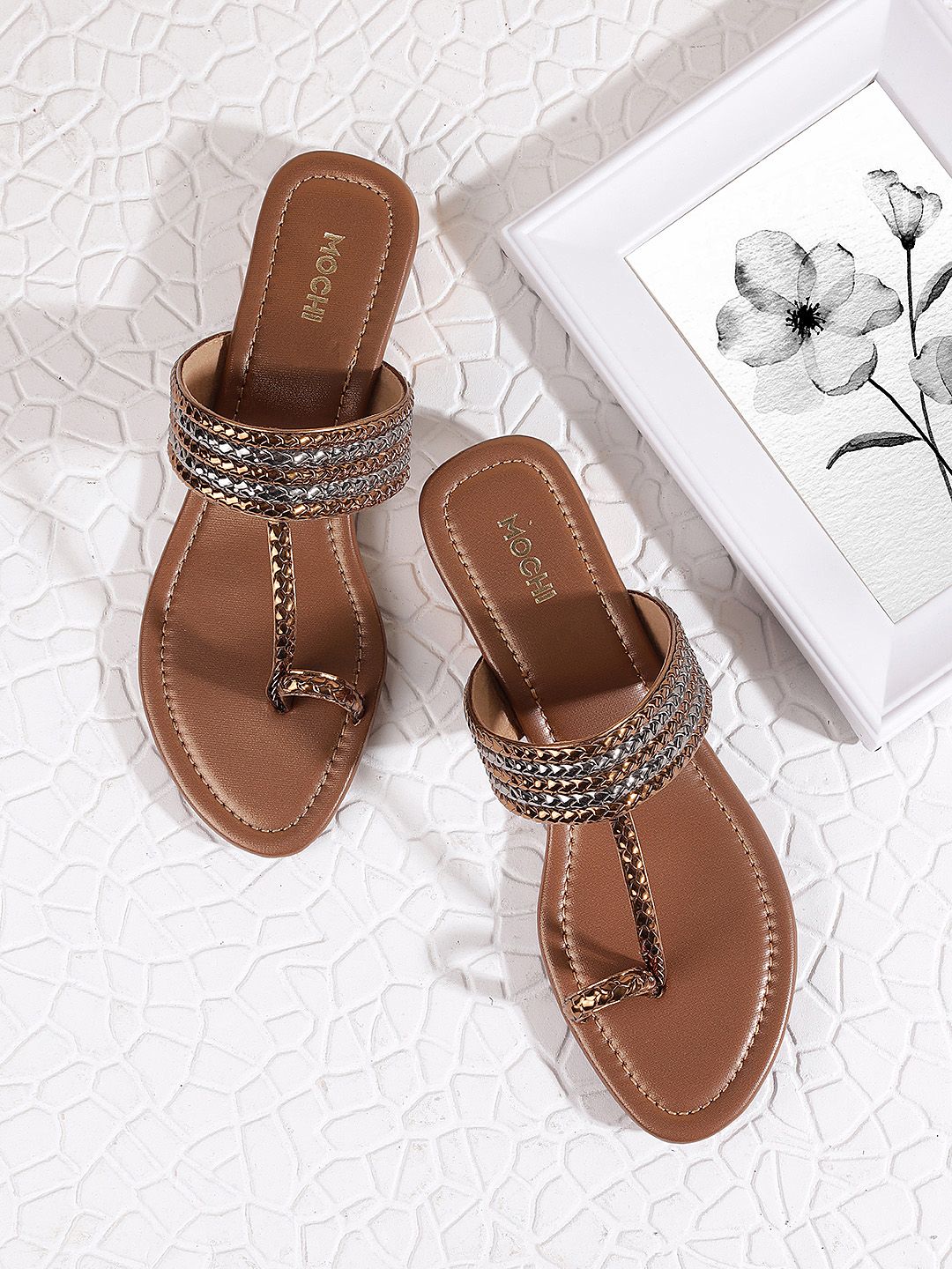 Mochi Gold-Toned Textured Block Sandals