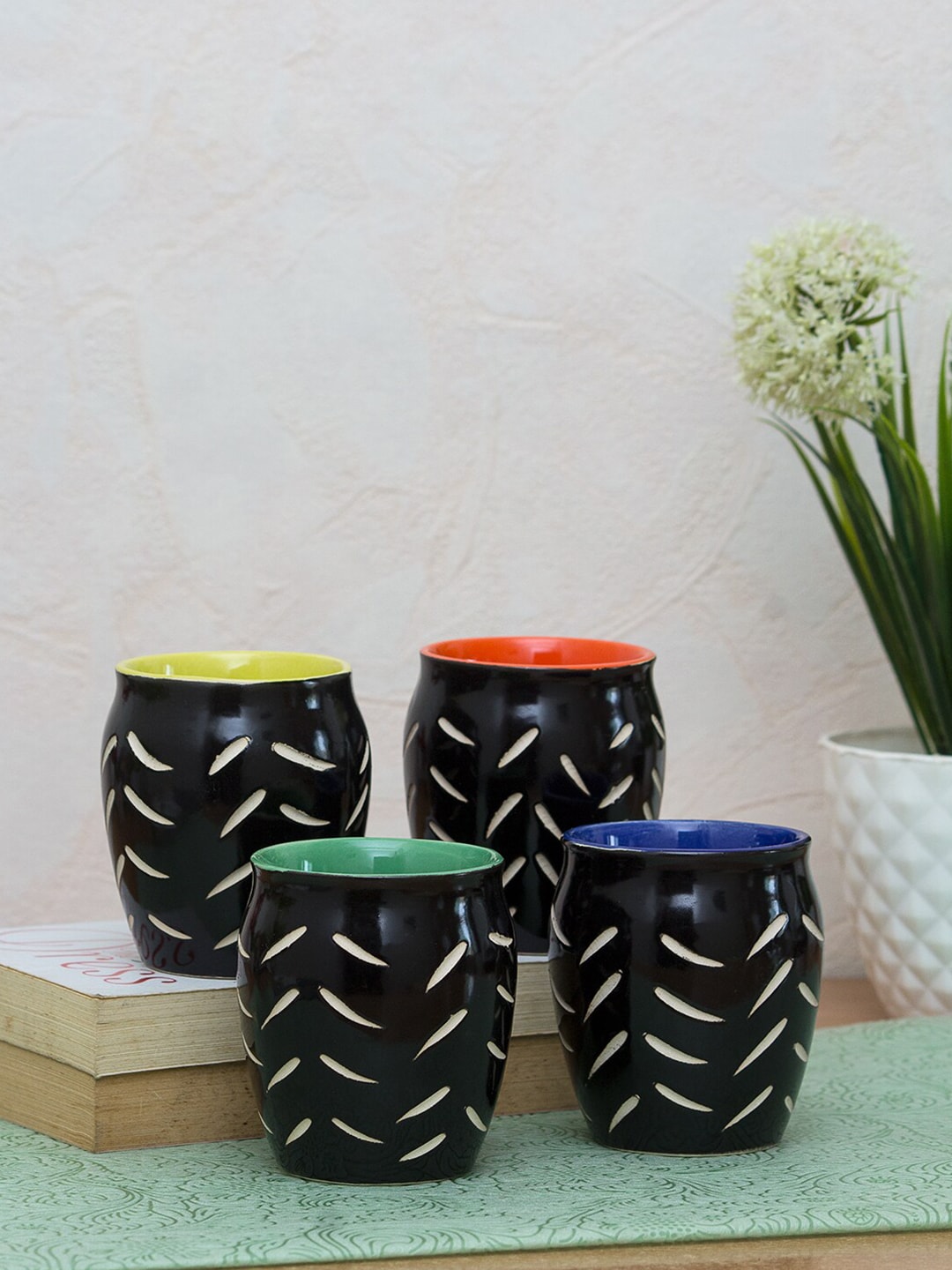 WISHTANK Pack Of 4 Black Textured Ceramic Kullars Price in India