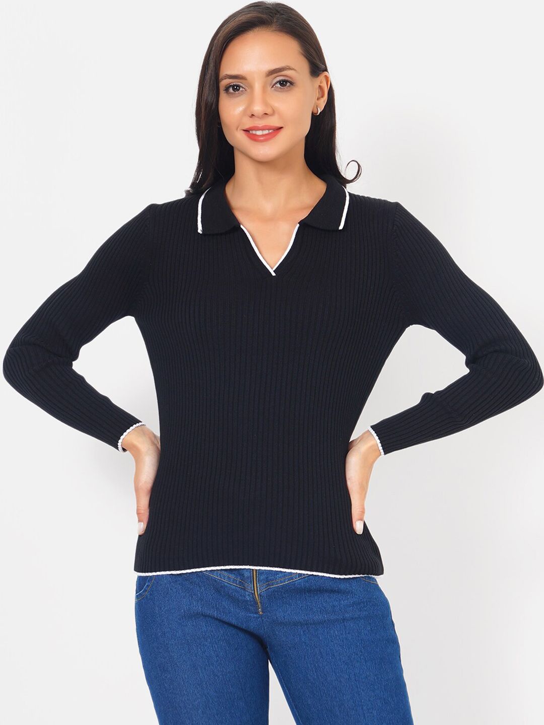 JoE Hazel Black Striped Polo Neck Top Price in India