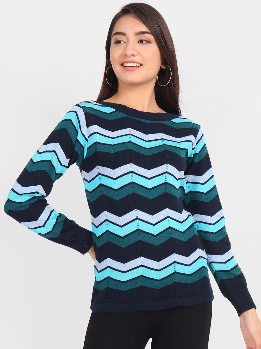 JoE Hazel Women Black & Blue Geometric Patterned Pullover Sweatshirt Price in India