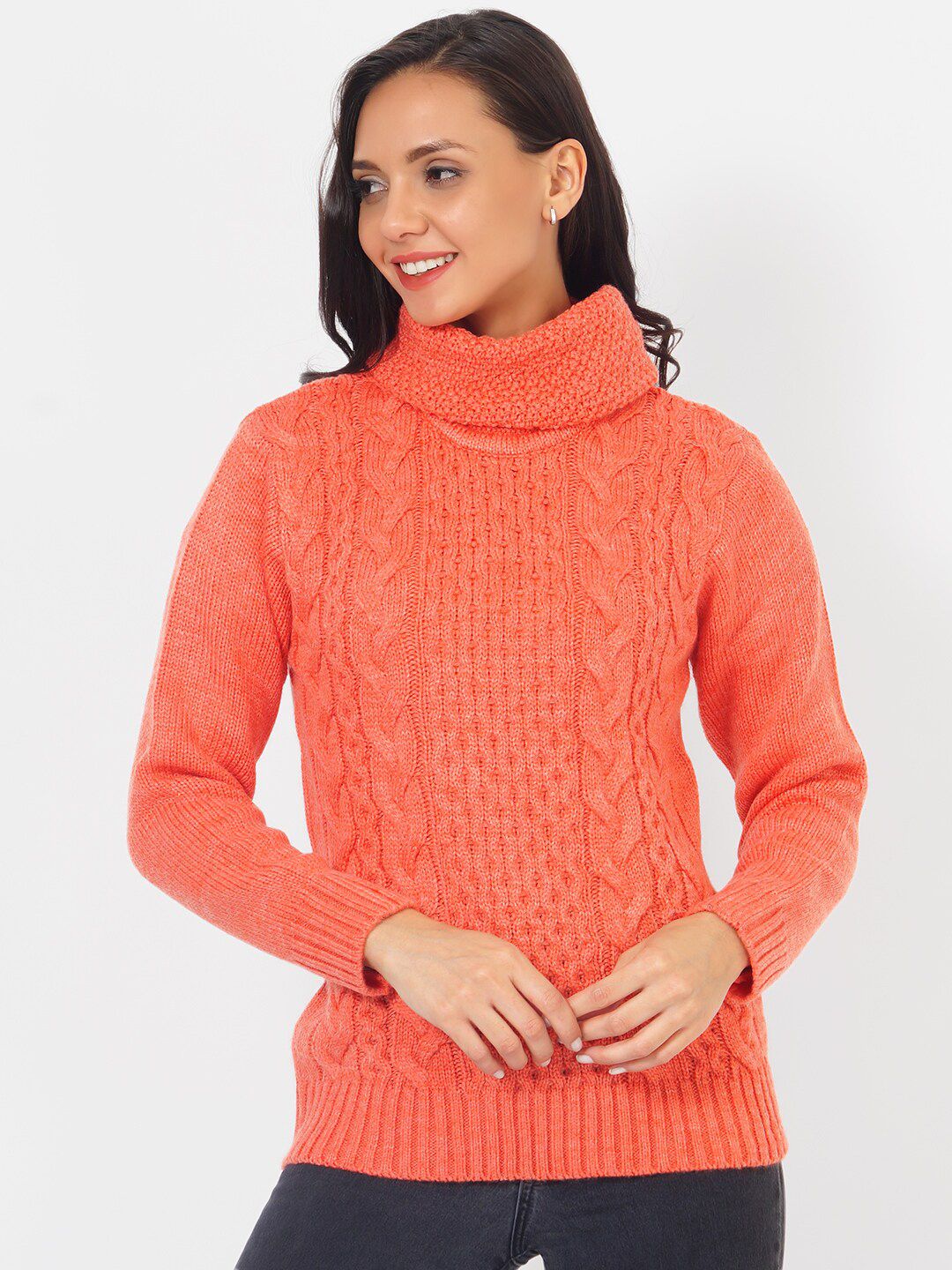 JoE Hazel Women Orange Cable Knit Acrylic Pullover Sweater Price in India