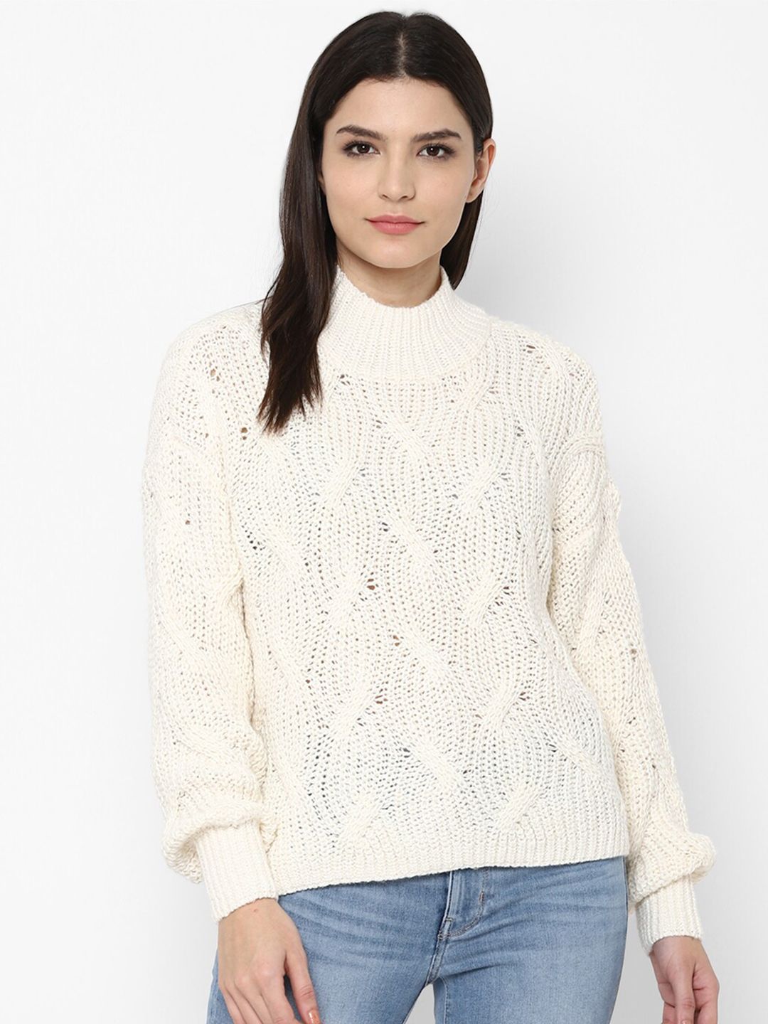 AMERICAN EAGLE OUTFITTERS Women Cream-Coloured Cable Knit Pullover Price in India