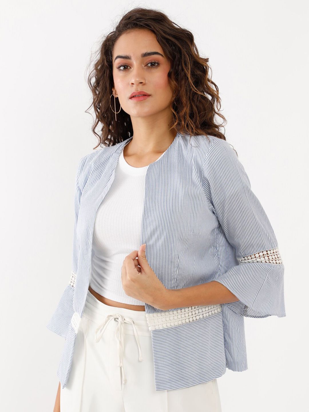 Zink London Women Blue & White Striped Shrug Price in India