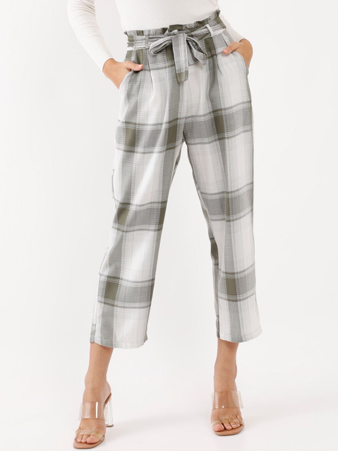 Zink London Women White Checked High-Rise Trousers Price in India
