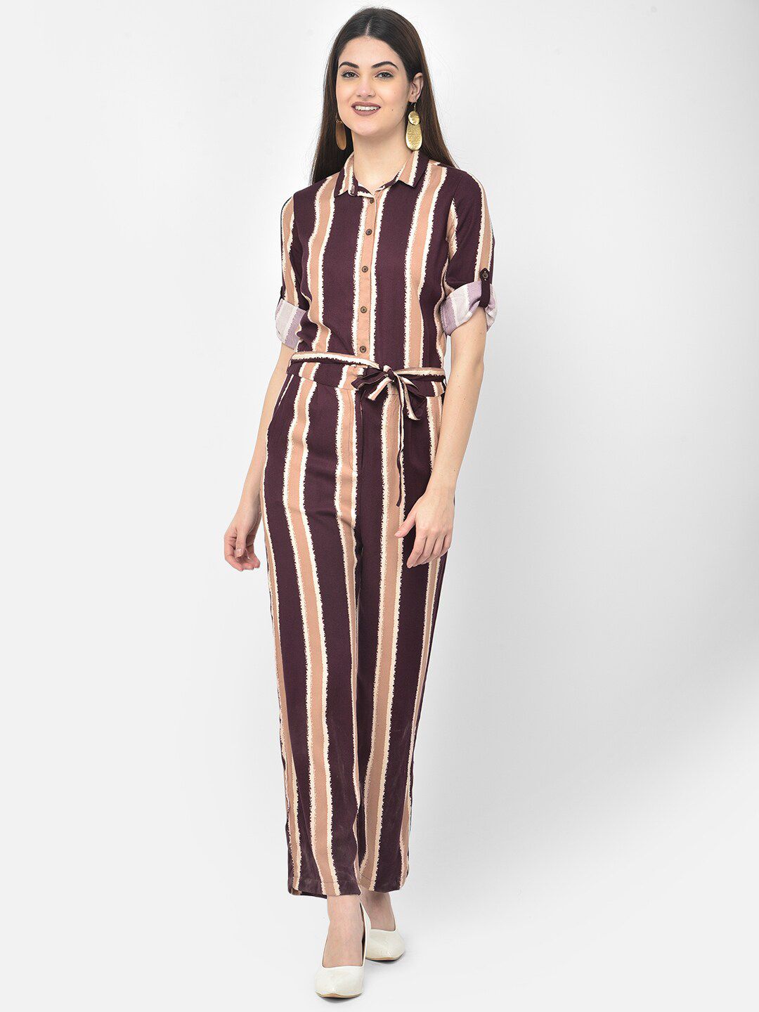 Crimsoune Club Maroon & Beige Striped Basic Jumpsuit Price in India