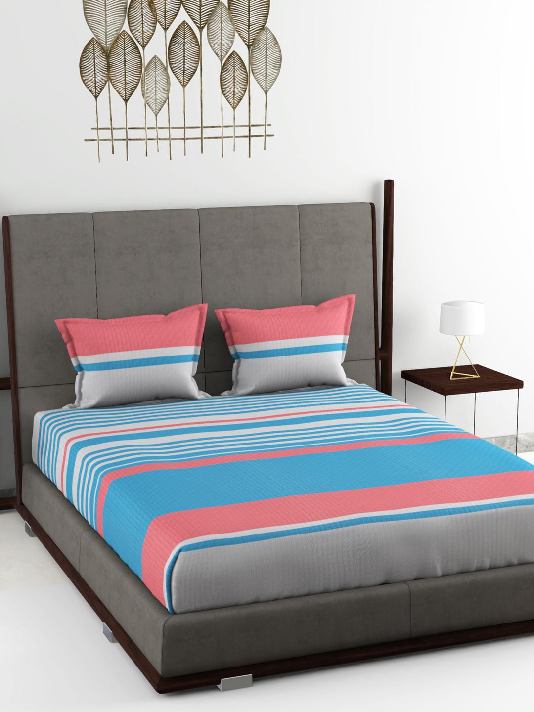 BIANCA Blue & Grey Striped 180 TC King Pure Cotton Bedsheet with 2 Pillow Covers Price in India
