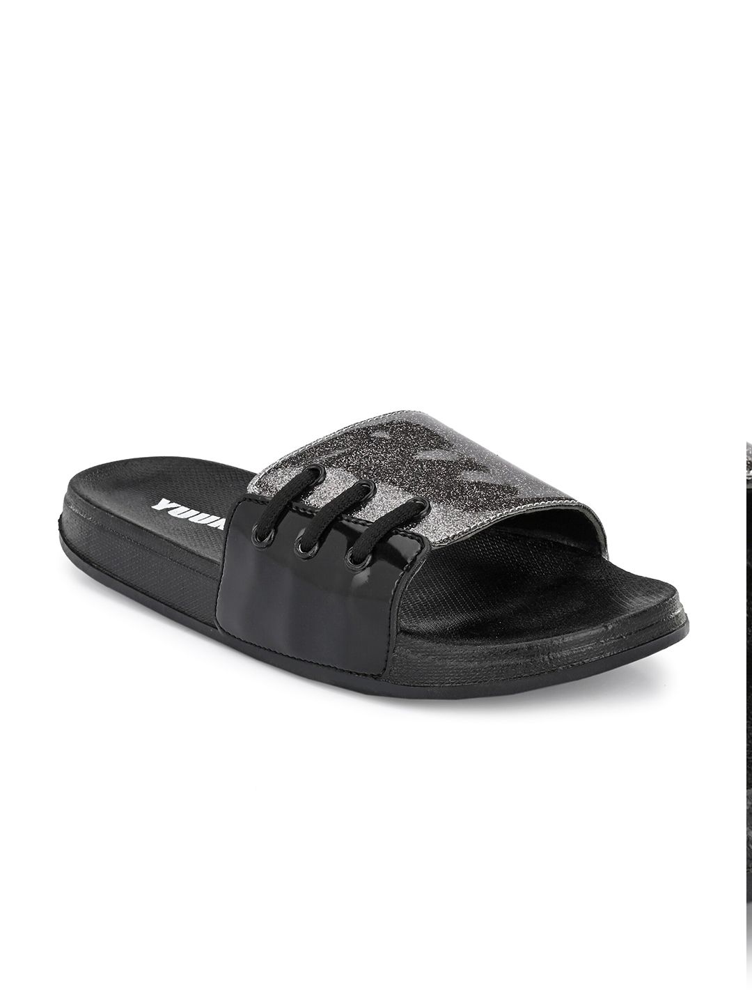 Yuuki Women Silver-Toned & Black Sliders Price in India