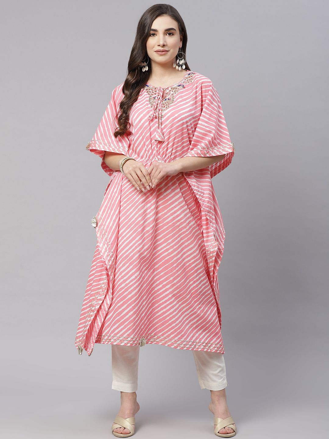 Divena Women Pink & White Leheriya Print Kaftan Kurta Price in India