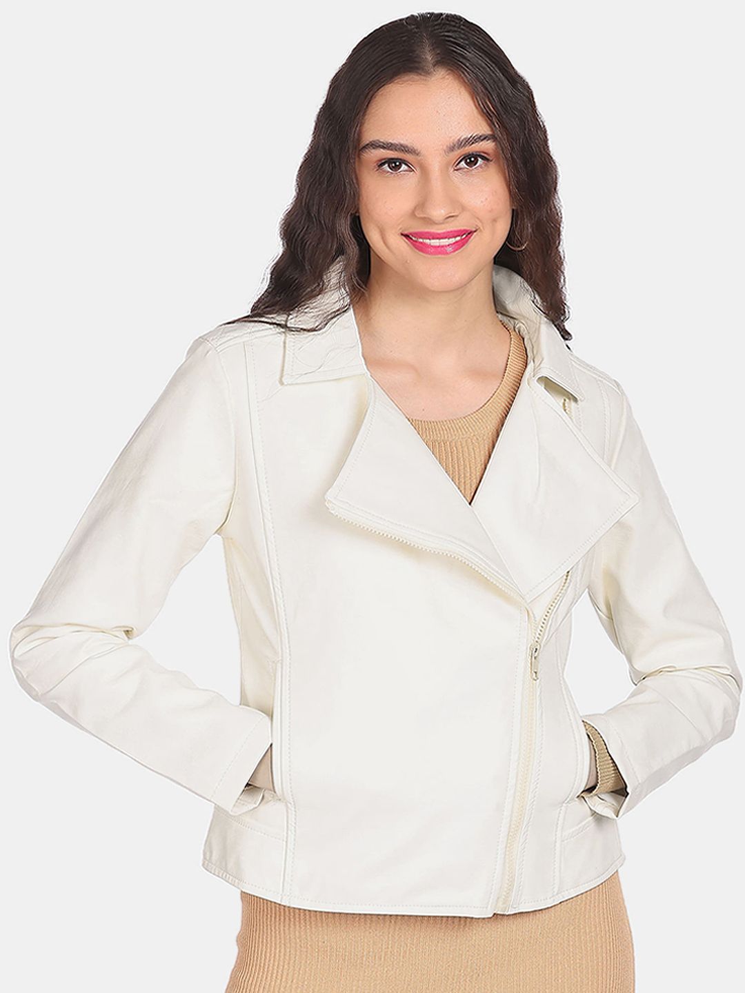 Sugr Women Off-White Asymmetric Zipper Solid Jacket Price in India