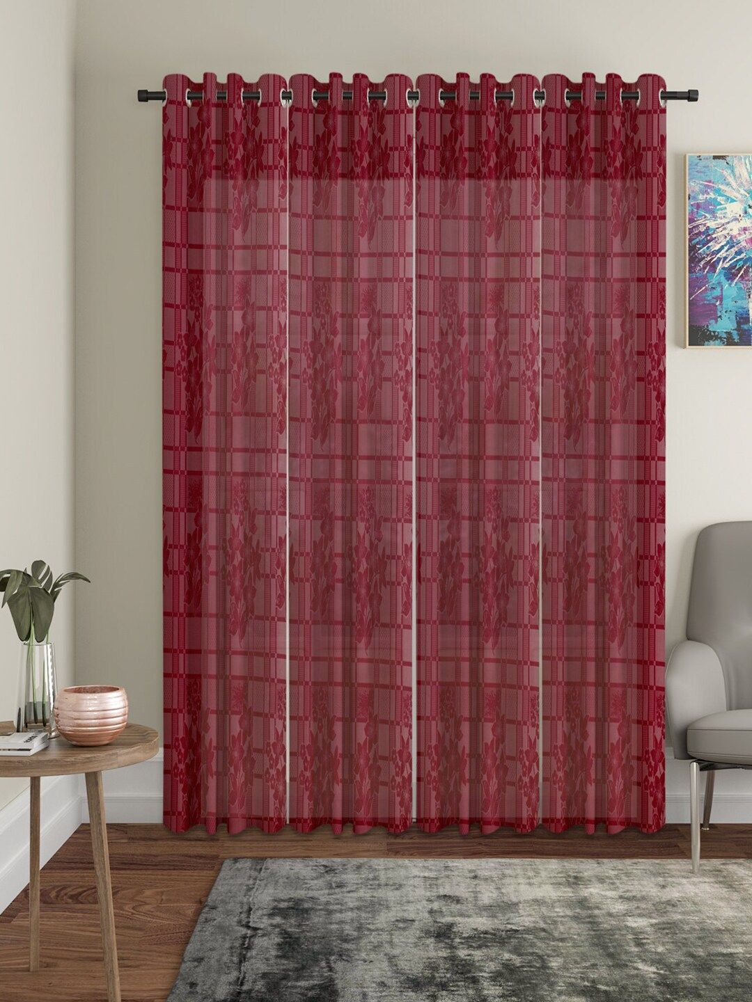 HOSTA HOMES Maroon Set of 4 Floral Door Curtain Price in India