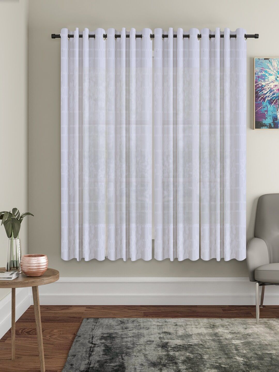 HOSTA HOMES White Set of 4 Floral Sheer Window Curtains Price in India