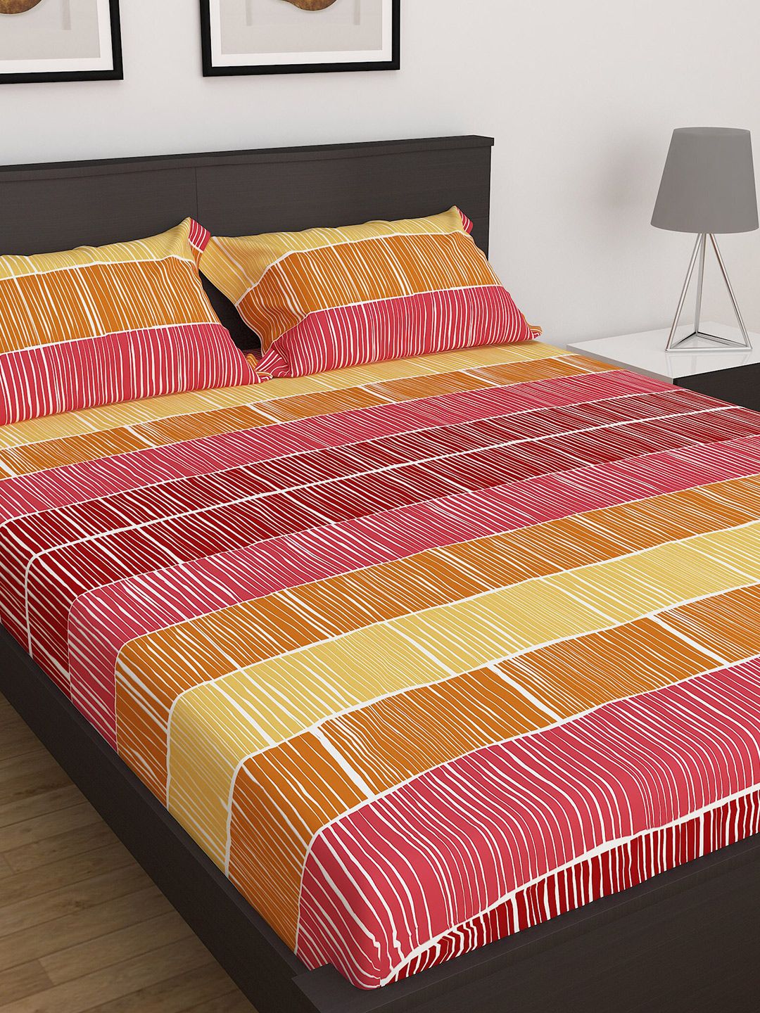 Home Centre Yellow & Pink Geometric Cotton 144 TC King Bedsheet with 2 Pillow Covers Price in India