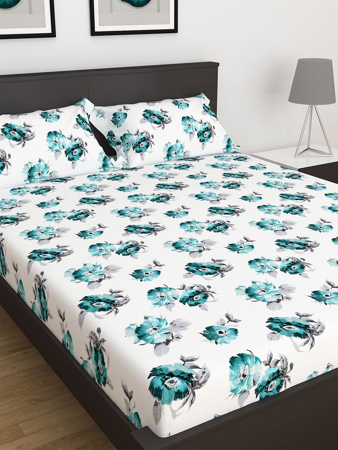 Home Centre 3Pcs Dallas White And Blue Printed Cotton Double Bedsheet Set Price in India
