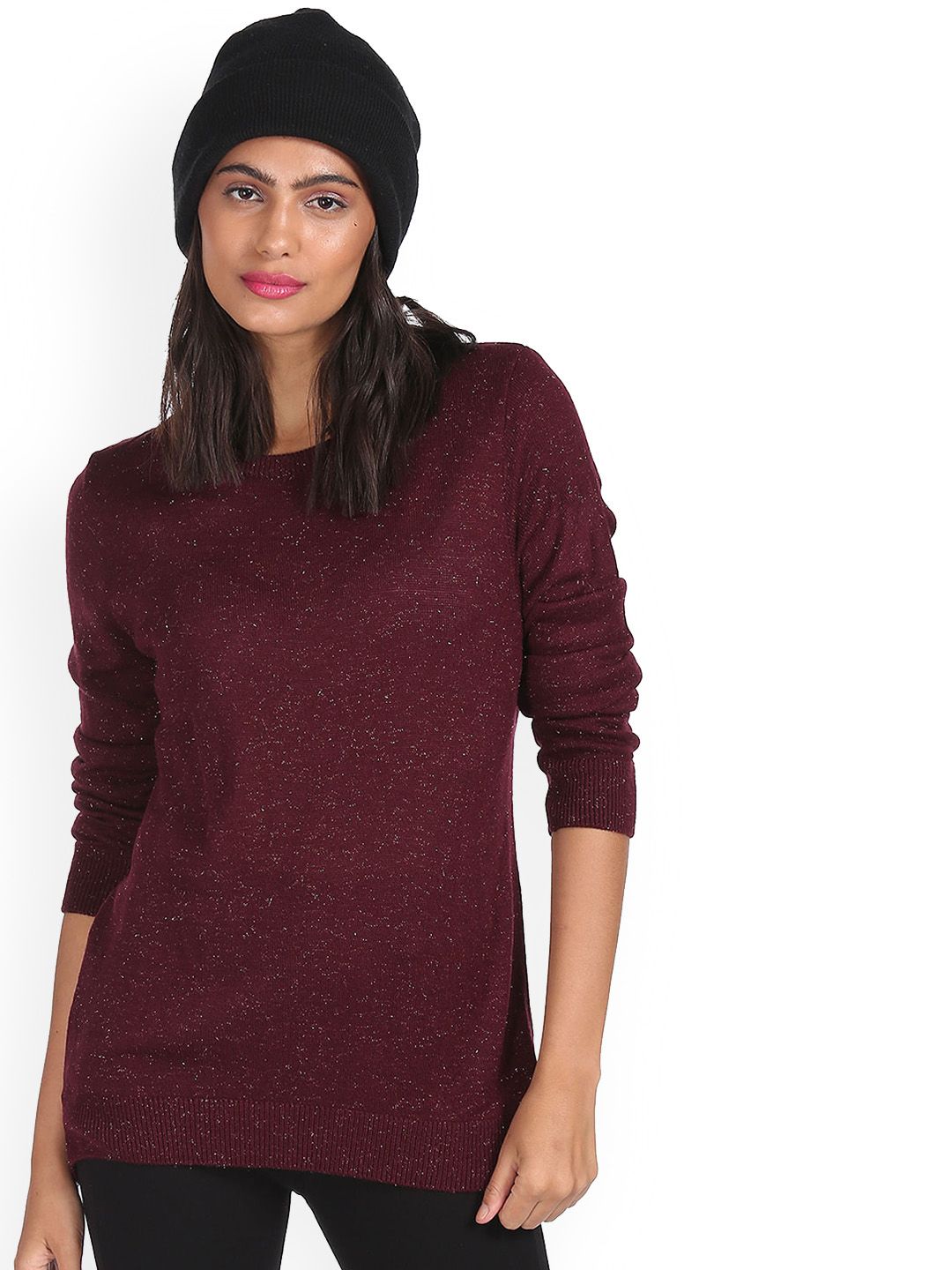 Sugr Women Burgundy Round Neck Glitter Sweater Price in India