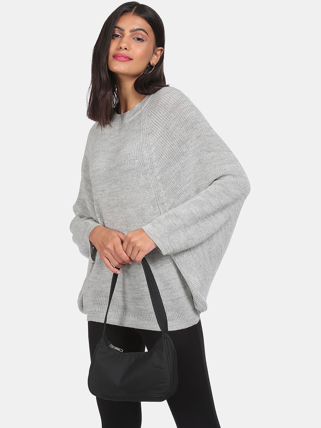 Sugr Women Grey Long Dolman Sleeve Solid Sweater Price in India