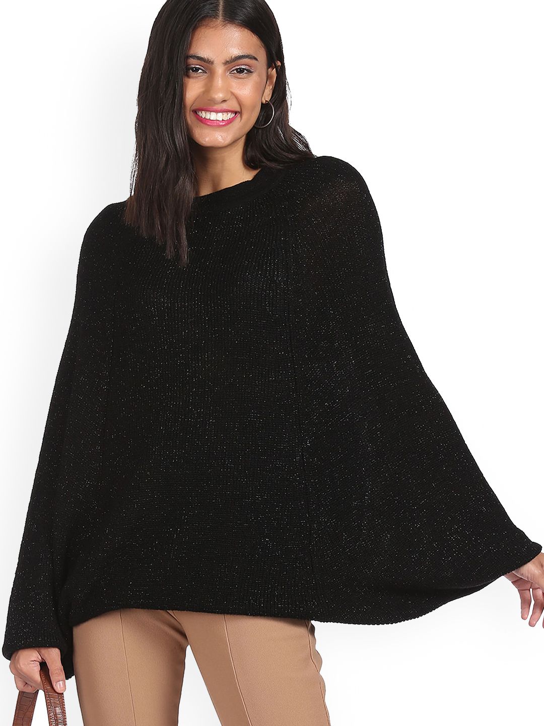 Sugr Women Black Long Dolman Sleeve Glitter Sweater Price in India