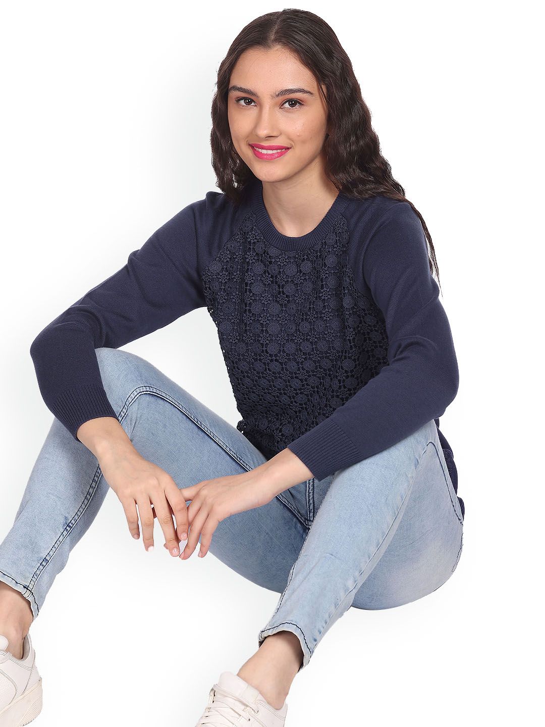 Sugr Women Navy Round Neck Lace Sweater Price in India