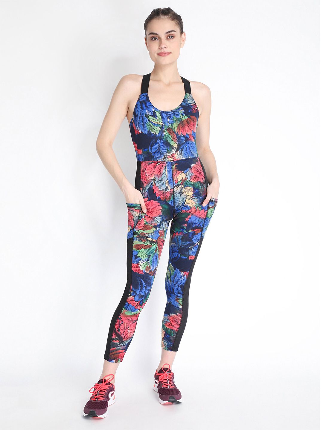 Chkokko Blue & Red Printed One-Piece Yoga Workout Basic Jumpsuit Price in India