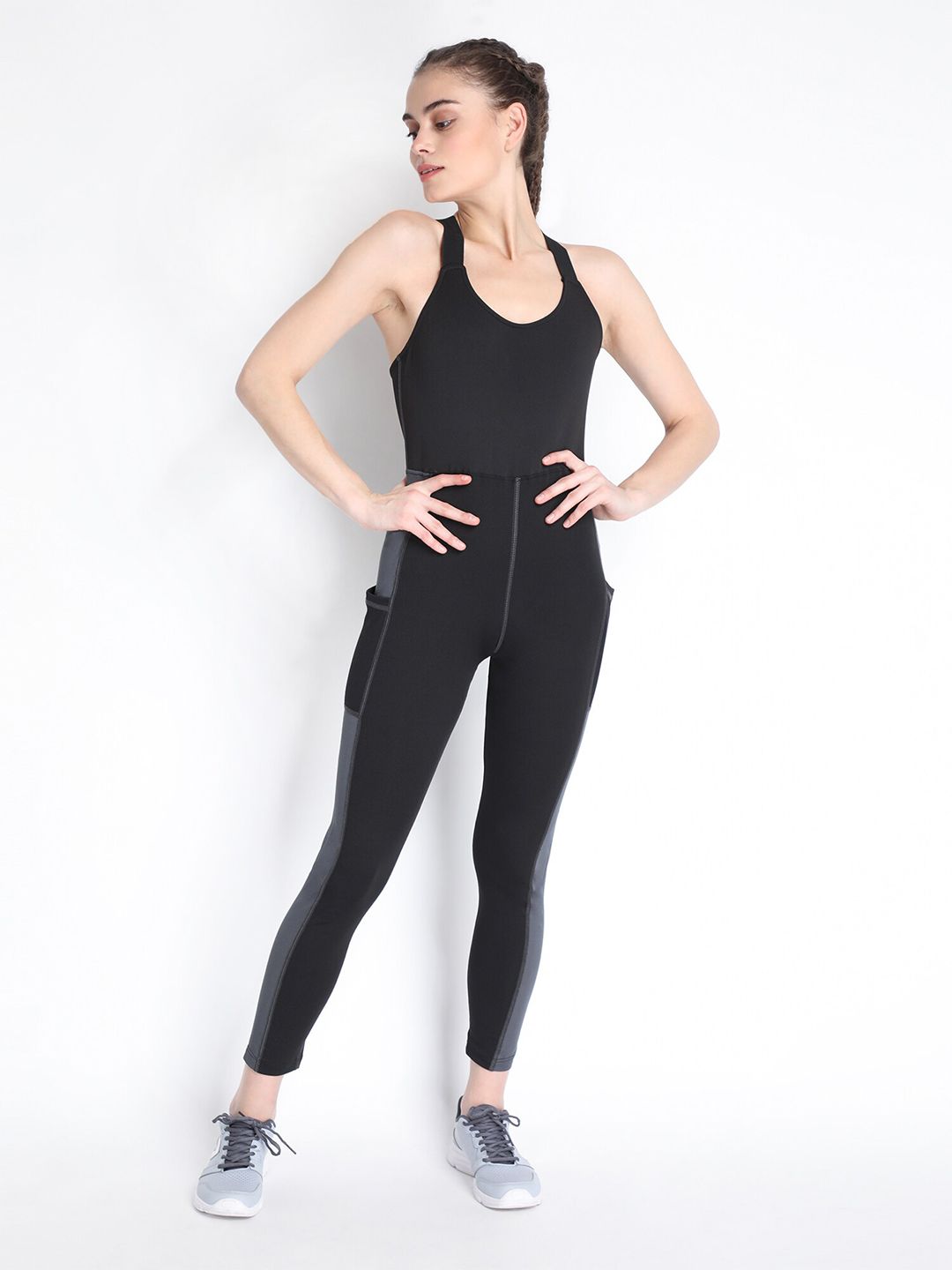 Chkokko Black & Grey Yoga Workout Basic Jumpsuit Price in India