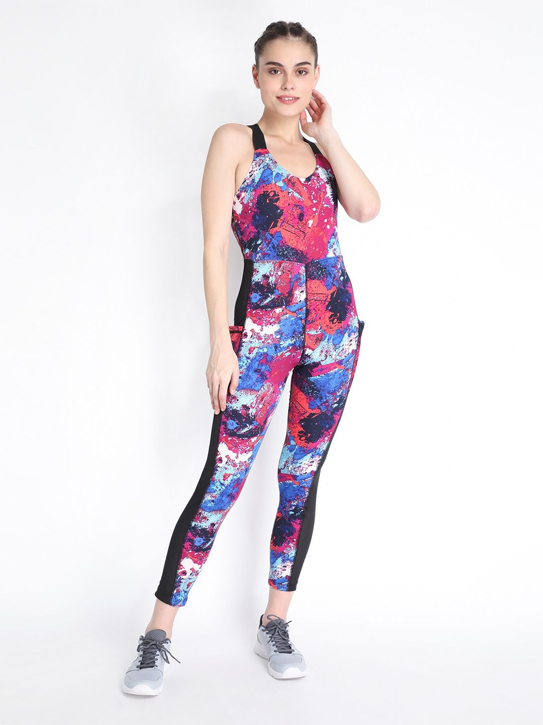 Chkokko Women Blue Printed One-Piece Yoga Workout Jumpsuit Price in India