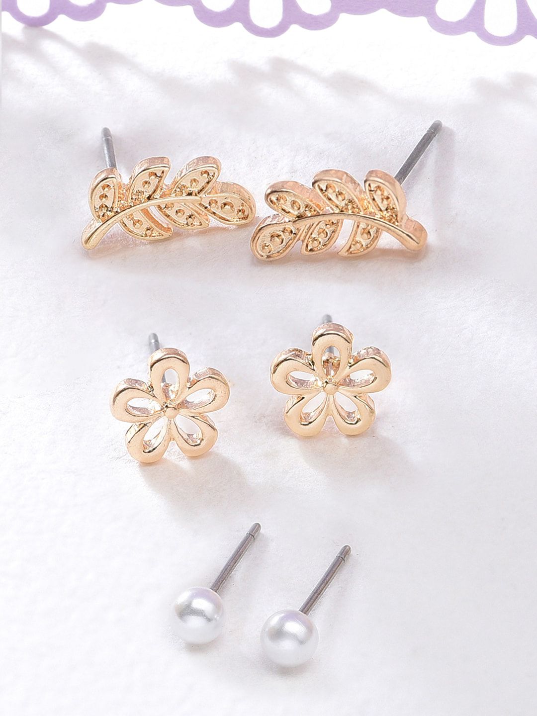 Accessorize London Women's Gold Set Of 3 Leaf Flower Stud Earrings Price in India