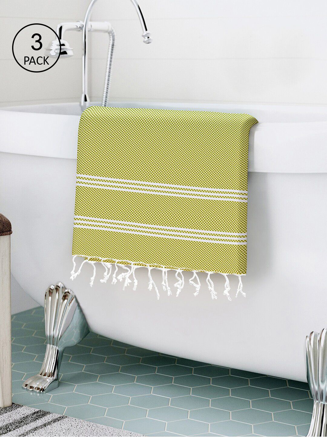 Story@home Set Of 3 Olive Green Printed 200 GSM Pure Cotton Bath Towels