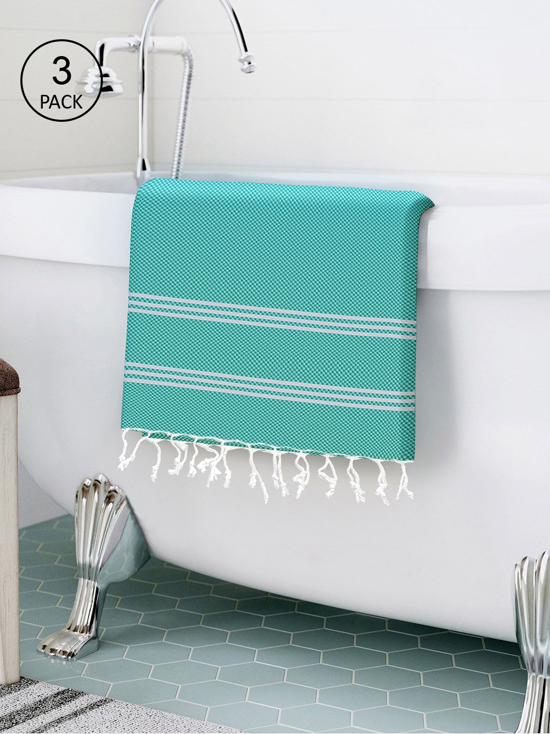 Story@home Pack of 3 Green & White 200TC Bath Towels Price in India