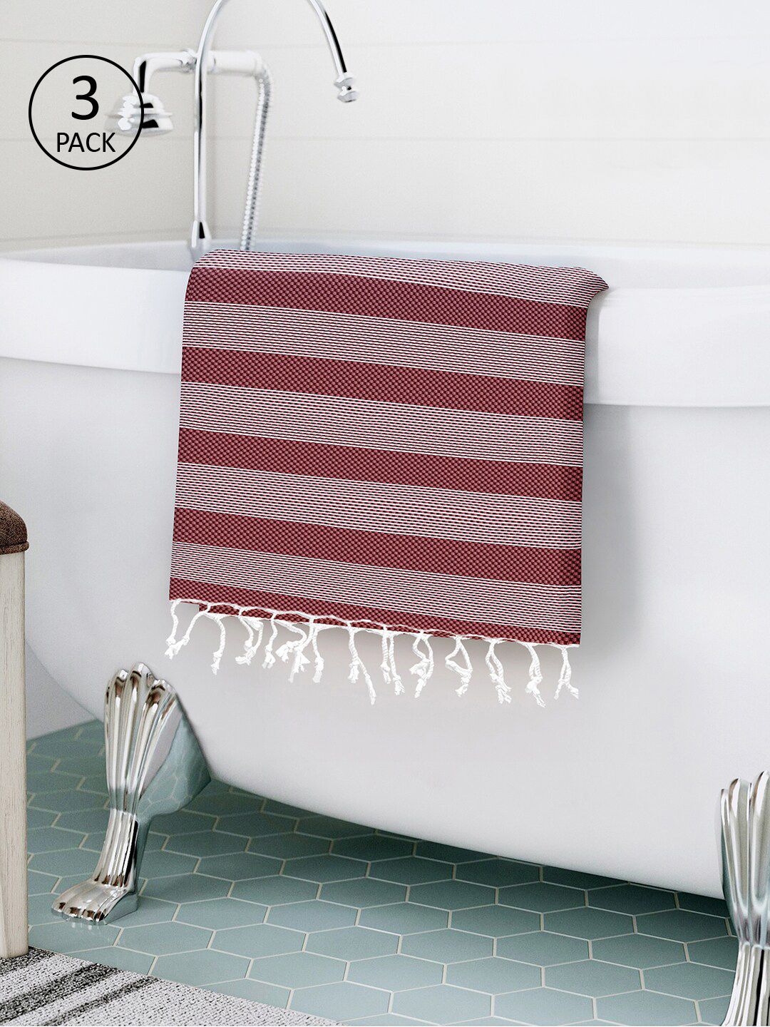 Story@home Set Of 3 Magenta Striped Pure Cotton 200 GSM Bath Towel
